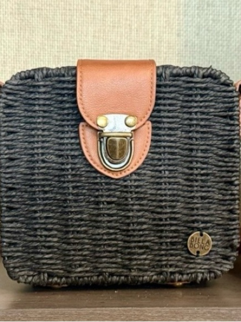 Billabong Black Woven Crossbody with Brown Leather Trim
